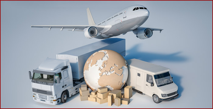 Truck, van and airplane surrounding a globe.